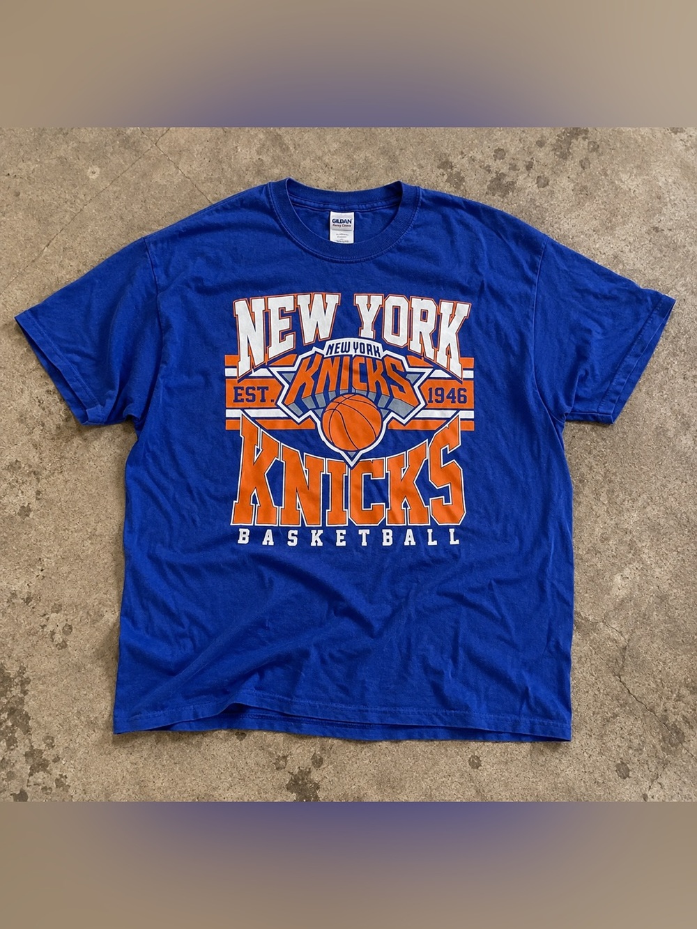 Gildan Royal Blue and Orange New York Knicks Graphic Tee